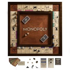 Nueve Mid Century Modern Brown Wood Board Monopoly Game Set Monopoly Board Game, Monopoly Money, Monopoly Board, Wooden Dice, Monopoly Game, Games Ideas, Tiger Maple, Walnut Cabinets, Classic Board Games