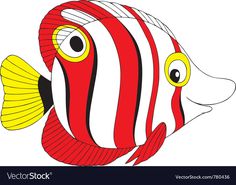 a red and white fish with yellow eyes on it's face, looking to the side