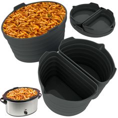 three different bowls with lids and one bowl filled with food next to the same container