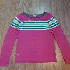 Bright And Beautiful Lily Pulitzer Sweater. Pink With Green And White Stripes. New Without Tags. 100% Cotton. Girl's Size Xl. (12 - 14) Playful Pink Crew Neck Sweater, Playful Pink Cotton Sweater, Preppy Fitted Pink Top, Playful Striped Long Sleeve Top, Striped Long Sleeve Playful Top, Playful Pink Stretch Top, Preppy Pink Tops For Fall, Pink Striped Sweater, Bright And Beautiful