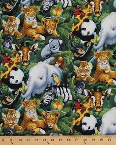 an animal print fabric with many different types of animals in the jungle, including zebras and