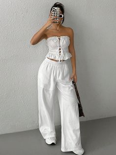 Blanco Casual Collar   Liso  Embellished No-Elástico Linen White Outfit, Linen Pants Set, Wide Leg White Linen Pants, White Pants Women, Strapless Crop Top, Strappy Top, Wide Leg Linen Pants