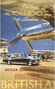 an advertisement for the rolls - royce way of london, with cars and planes in front