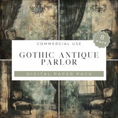 an antique parlor with the text commercial use gothic antique parlor digital paper pack 8 packs