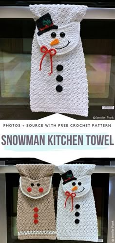 crocheted snowman kitchen towel is shown in two different photos