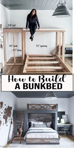 DIY TWIN AND QUEEN BUNKBED FOR KIDS AND TEENS Build A Bunk Bed, Diy Built In, Bunk Bed Rooms, Diy Bunk Bed, Bunk Beds Built In, Bunk Rooms, Shared Room, Kraf Diy, Bunk Room