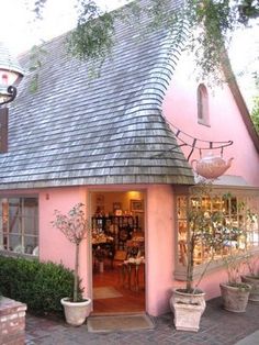 a pink building with a potted plant in front of it