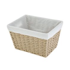 a white and beige wicker basket on a white background