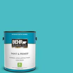 a blue paint can with the words interior / exterior high gloss enamele on it