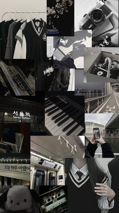 a collage of black and white images with various items