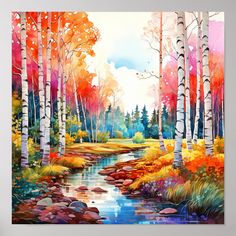 a painting of trees and water in the fall with colorful leaves on it's branches