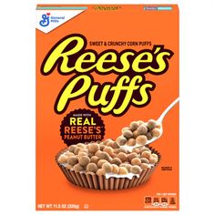 reese's puffs cereal is shown on an orange background