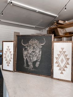 Bull & Simple Aztec Wood Wall Art | 3 Piece Set