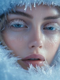 Channel your inner ice princess! ❄️ Ethereal blue light illuminates frosted lashes and brows. Fractal ice crystals and aurora reflections create a magical winter look. #FrostedBeauty #WinterMakeup #IceQueen Winter Beauty Aesthetic, Winter Queen Photoshoot, Jack Frost Makeup Ice Queen, Frost Makeup Ice Queen, Ice Princess Photoshoot, Snow Queen Photoshoot, Ice Fairy Aesthetic, Winter Makeup Looks Ice Queen, Snow Makeup Looks