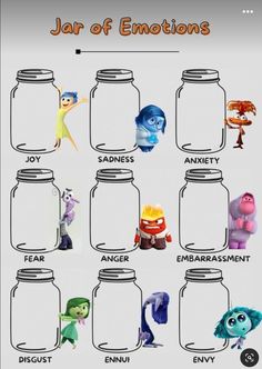 an image of jars with cartoon characters in them and the words, jar of emotions