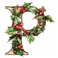 the letter p is decorated with holly and red berries