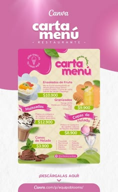 a menu with different types of food on the front and back side, including ice cream