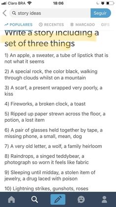 an iphone screen with the text, write a story including a set of three things
