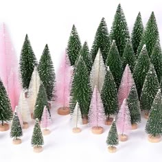 there are many small trees that have pink and white frosting on them, all in the same row