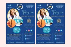 two medical flyer templates with an image of a woman smiling and holding a stethoscope