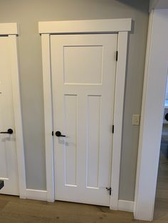 two white doors with black handles in a room next to a cat on the floor