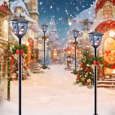 a snow covered street with christmas decorations and lights on the poles in front of it