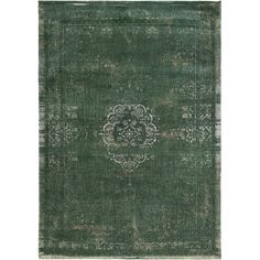 a green rug with an ornate design on the front and back side, in shades of gray