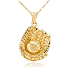 a gold baseball mitt pendant on a chain with the word, `'i love you