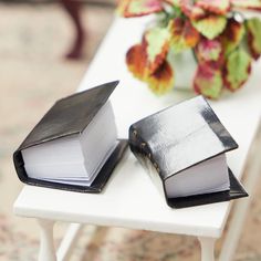 two open books sitting on top of a white table next to a potted plant