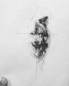 a black and white drawing of a wolf's head