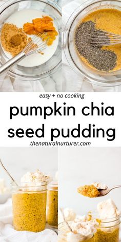 pumpkin chia seed pudding in small glass jars with spoons and whipped cream on top