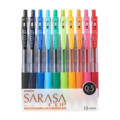 six different colors of pens are in a display box with the same logo on it