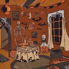 a room decorated for halloween with skeletons and pumpkins