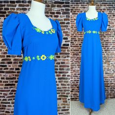 "This vintage dress is made from a medium weight synthetic stretch knit with floral trim. It has an empire waist, short sleeves and back zipper closure. It is handmade but well crafted. It should fit closest to a size S or XS. Consult the measurements to ensure a good fit. The dress comes from an estate where it had been stored in a garment bag in a closet for decades. I believe the original owners dry-cleaned it rather than washing it in the washing machine. It has only very light wear includin 1970s Empire Waist Fitted Dress, 1970s Fitted Empire Waist Dress, 1970s Fitted Dress With Empire Waist, Fitted 1970s Dress With Empire Waist, 70s Clothes, 60s 70s Fashion, 70s Inspired Fashion, 2024 Style, 1970s Fashion