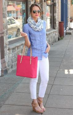 Witte Jeans Outfit, Blue Oxford Shirt, Penny Pincher Fashion, Linen Pants Outfit, White Jeans Outfit, Outfit Trends, Looks Chic, Oxford Shirt, White Pants