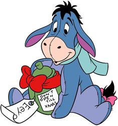 a cartoon donkey sitting on the ground holding a gift