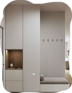 a bedroom with white walls and wooden flooring next to a bed in front of a closet