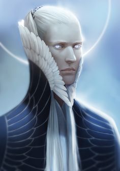 a man with white hair and wings on his head is staring into the distance while standing in front of a full moon