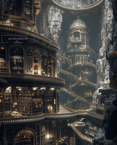 an image of a futuristic city with bookshelves