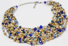 Gold statement necklace, cobalt blue, multistrand pearl, crystal, beaded jewelry, handmade by Casual Turquoise Statement Necklace, Beaded Jewelry Necklaces, Crystal Statement Necklace, Gold Statement Necklace, Pearl Crystal, Chain Extenders, Stackable Bracelets, Purple Crystals, Blue And Gold