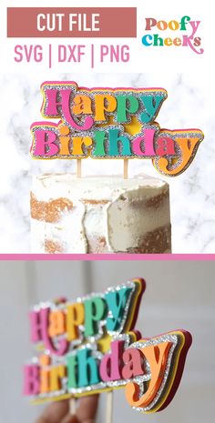 happy birthday cake topper with the words happy birthday on it, and an image of a