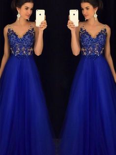 D| Bridelily A-Line V-Neck Sleeveless Floor-Length With Applique Tulle Dresses - Prom Dresses Sweet 16 Dresses Long, Prom Dresses 2022, Tulle Dresses, Royal Blue Lace, Royal Blue Prom Dresses, Dresses 2022, Chiffon Dress Long, Sweet 16 Dresses, Dreamy Dress