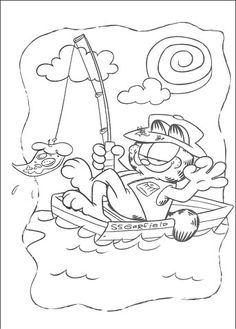 a coloring page with a cartoon character fishing