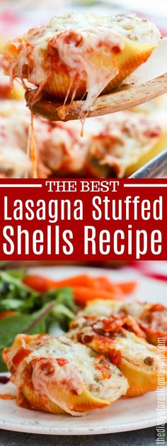 the best lasagna stuffed shells recipe with spinach leaves and cheese on top