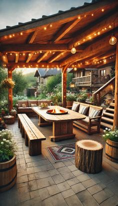 an outdoor patio with wooden benches and lights