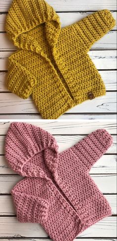 three knitted sweaters on top of each other, one in pink and the other in yellow