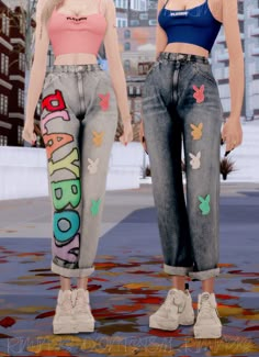 two women standing next to each other in front of a cityscape with butterflies on them