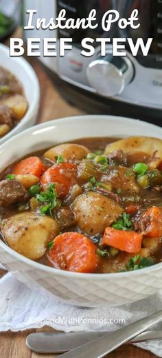 instant pot beef stew in a white bowl