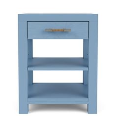 a blue night stand with a drawer on the bottom and an open shelf below it