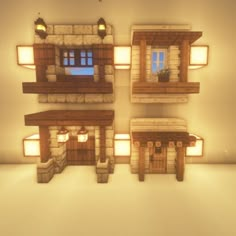 an image of a house made out of wood and stone with lights on the windows